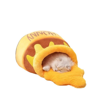Cozy Honey Pot Cat Bed – Durable Pet-Safe Fabric, Unique Design, Machine Washable, 18x18x12 Inches, Yellow with Brown Accents 5